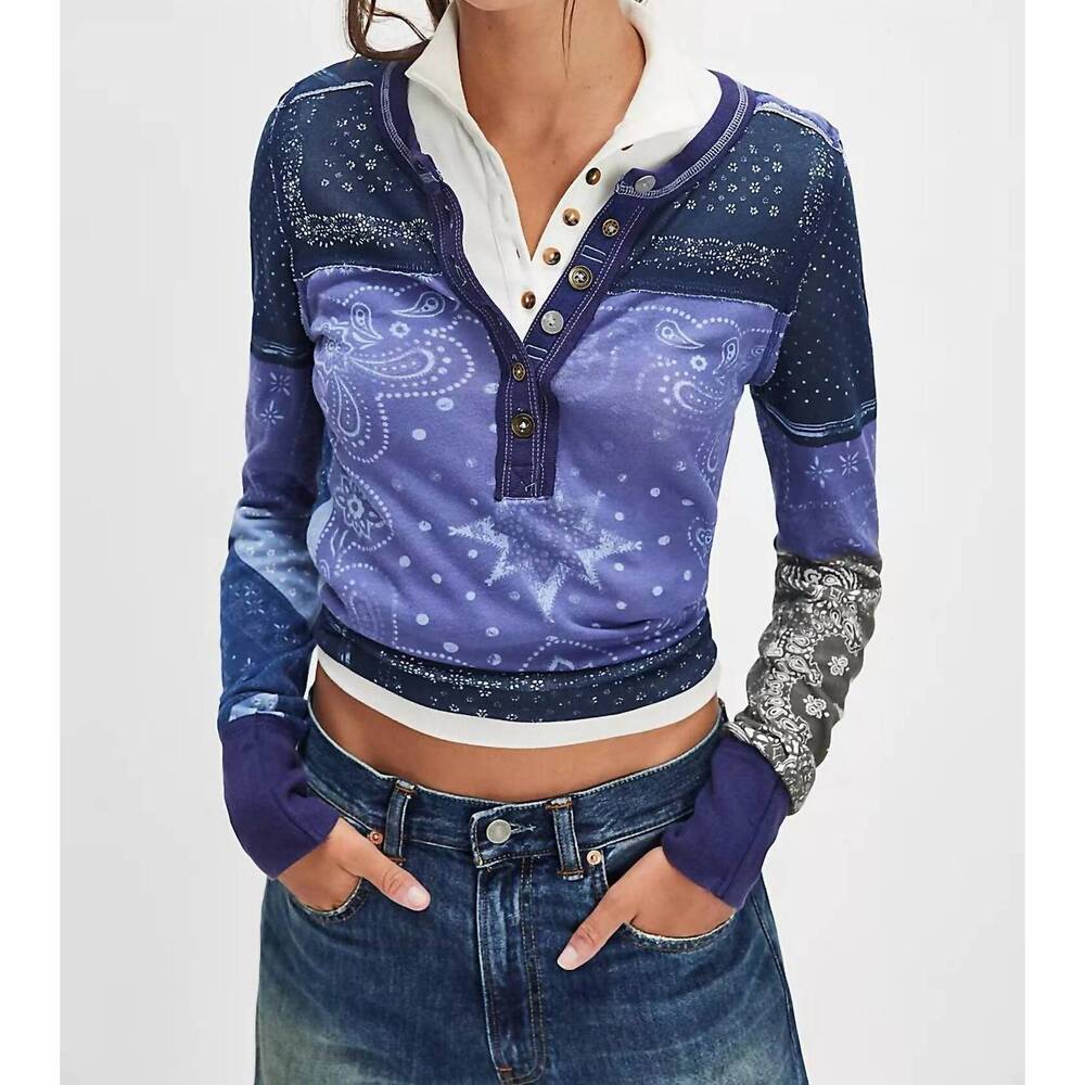 NEW FREE PEOPLE indie printed cuff top in indigo combo - Picture 1 of 4